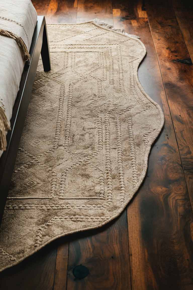 A close-up of a bedroom floor, showing dark wood planks partially covered by a large, neutral-toned rug with a subtle geometric pattern. The edge of a low, dark wood bed frame is visible at the top of the image.