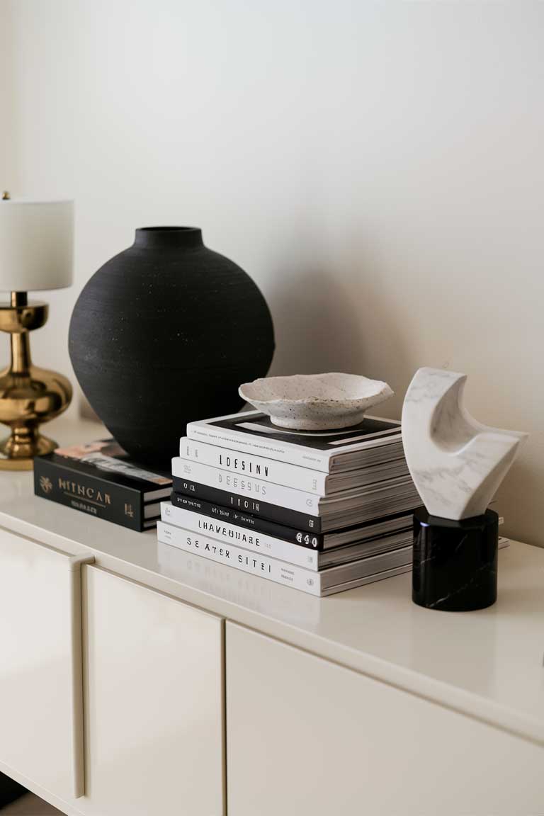 A carefully curated collection of minimalist accessories on a white console table.