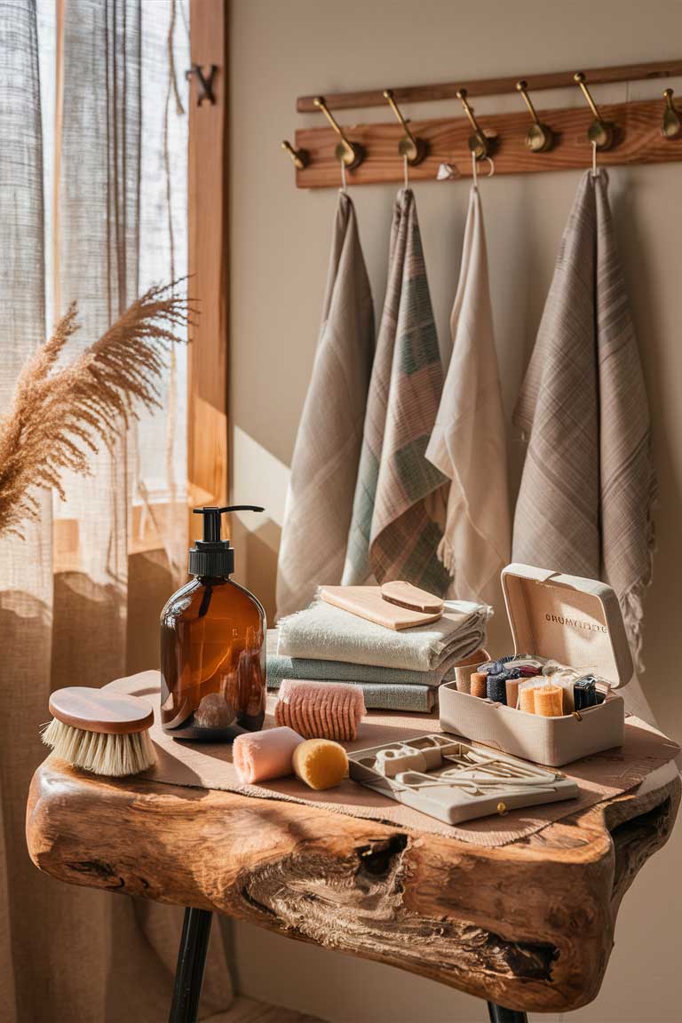 A collection of sustainable textile care items arranged on a wooden surface. This includes a bottle of eco-friendly detergent, a natural fiber brush, beeswax wraps for storage, and a repair sewing kit. In the background, a rack displays well-maintained japandi style textiles.