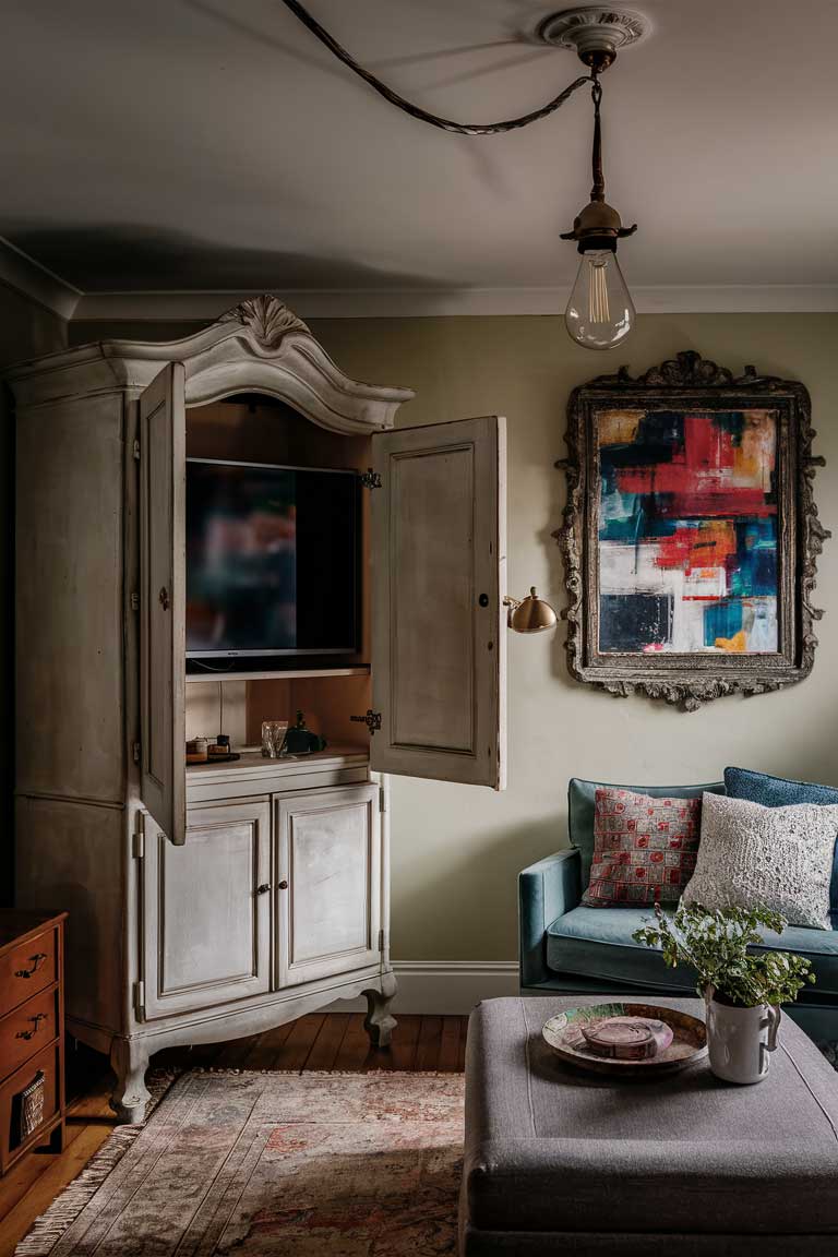 A tiny house living area where a flat-screen TV is hidden inside an antique armoire with the doors open. On the wall, a piece of modern abstract art is displayed in an ornate vintage frame. A vintage-style pendant light hangs from the ceiling, visibly fitted with a smart bulb.