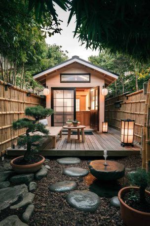 A small, serene outdoor area attached to a Japanese tiny house. The space includes a wooden deck with a simple outdoor seating arrangement, surrounded by lush greenery and a few potted bonsai trees. A small water feature, such as a stone fountain, adds a calming element, while traditional Japanese lanterns provide soft, ambient lighting. The scene is framed by bamboo fencing, creating a private, tranquil retreat.