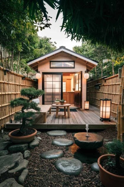 12 Japanese Tiny House Interior Design Ideas You Need to See 17 A small, serene outdoor area attached to a Japanese tiny house. The space includes a wooden deck with a simple outdoor seating arrangement, surrounded by lush greenery and a few potted bonsai trees. A small water feature, such as a stone fountain, adds a calming element, while traditional Japanese lanterns provide soft, ambient lighting. The scene is framed by bamboo fencing, creating a private, tranquil retreat.