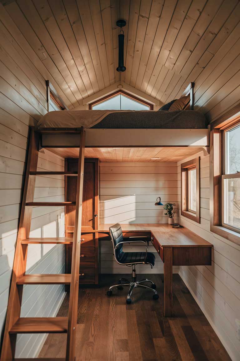 A cozy loft bed in a tiny house, with a built-in ladder leading up to a sleeping area with low ceiling. Below, a compact desk and chair create a home office space, all bathed in warm, natural light from a nearby window.