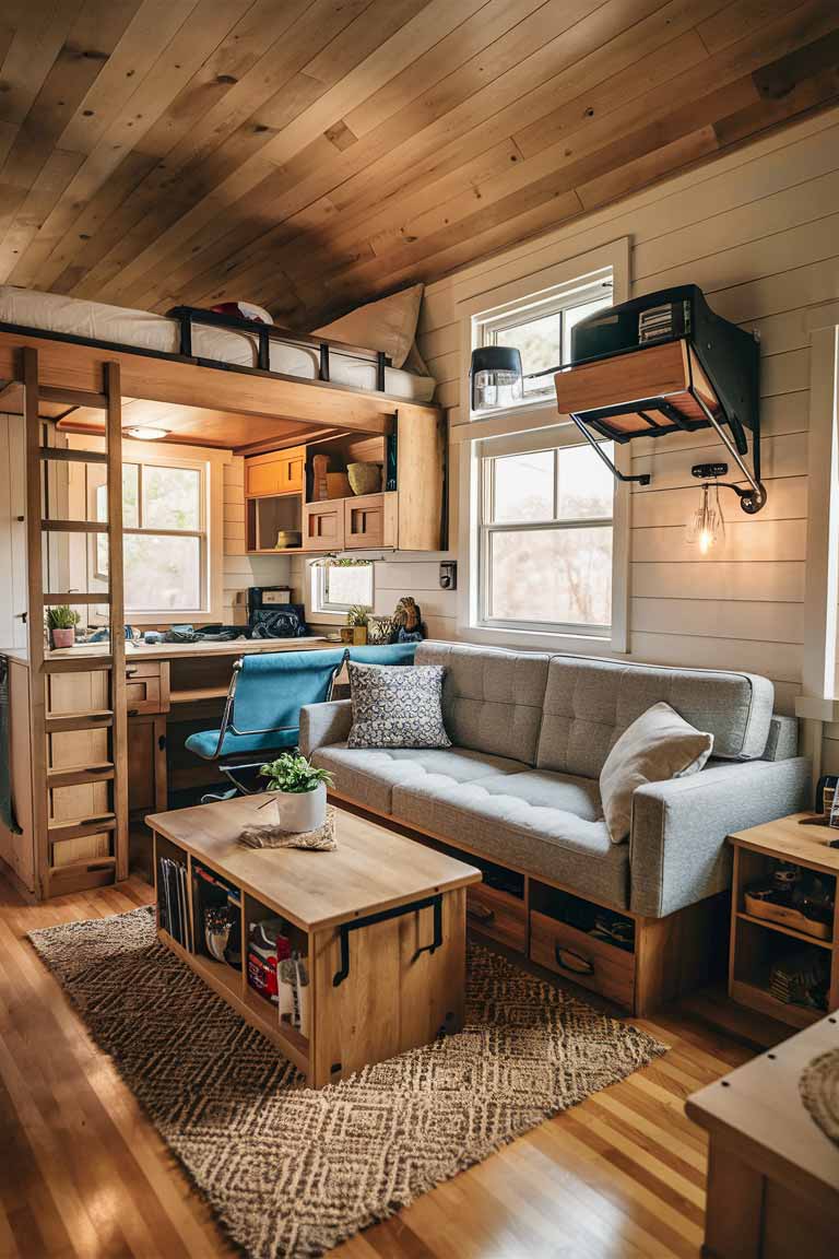 A cozy tiny house living room showcasing clever multi-functional furniture. A sofa that converts into a bed, a coffee table with hidden storage compartments, and a wall-mounted desk that folds away when not in use. The space is compact but efficiently organized, with a warm and inviting atmosphere.