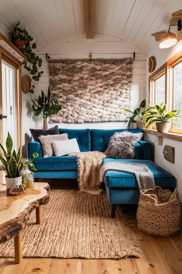 A cozy tiny house living room showcasing a variety of textures and materials. A velvet sofa in a rich blue color is adorned with wool and faux fur throw pillows. A jute rug covers the wood floor. Natural elements are incorporated through a live-edge wood coffee table and potted plants. A textured wall hanging adds visual interest. The mix of soft and rough textures creates a rich, layered look in the small space.