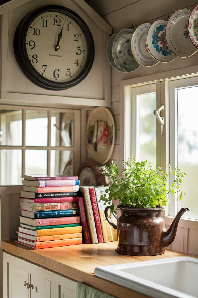 A tiny house kitchen counter featuring a large vintage-style wall clock above. On the counter, stack a few vintage cookbooks with a antique teapot repurposed as a herb planter sitting on top. A row of vintage plates hangs on the wall nearby.