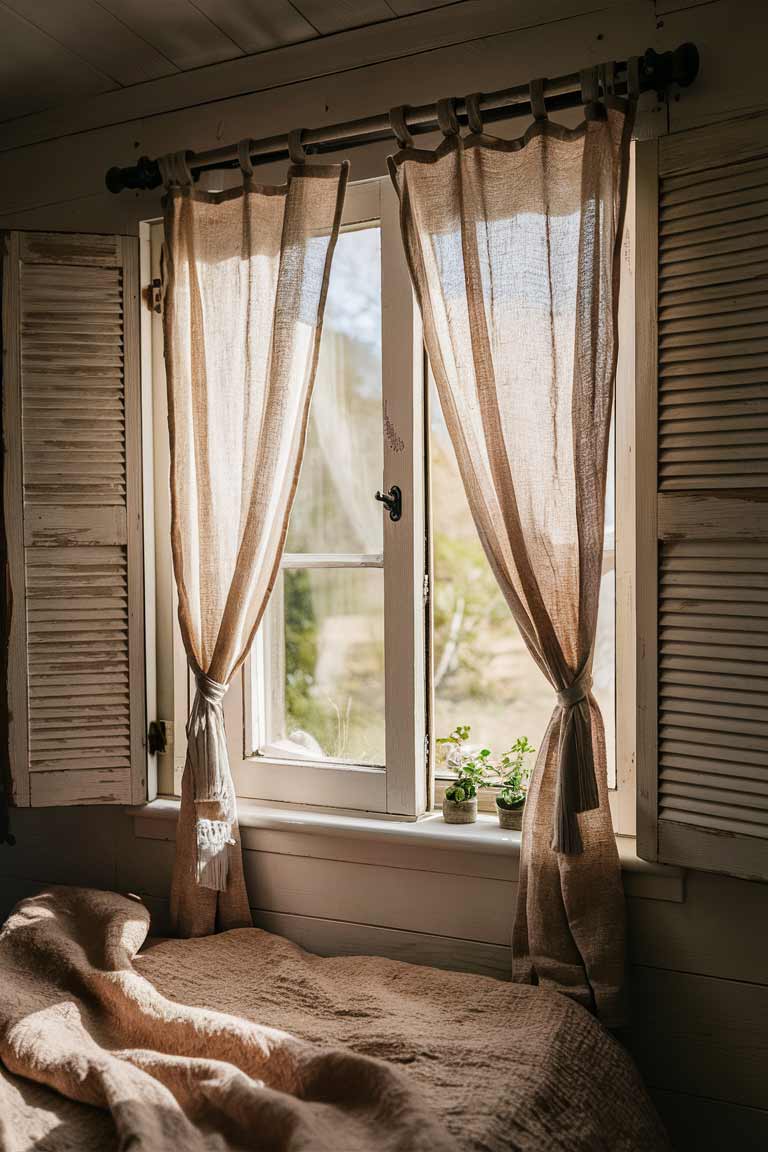 A rustic tiny house bedroom window dressed with natural linen curtains in a soft oatmeal color. Wooden shutters painted in a distressed white are partially open, allowing soft light to filter into the room. A small potted plant sits on the windowsill, adding a touch of green to the earthy color palette.