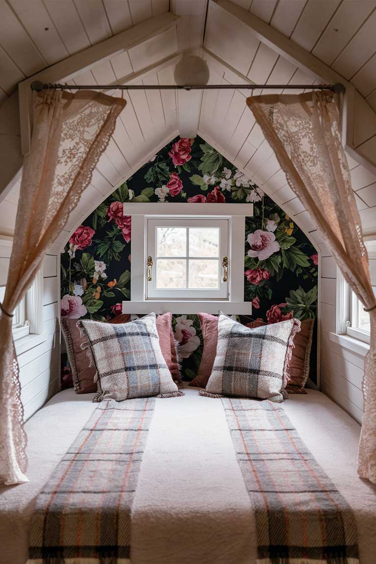 A tiny house bedroom corner featuring a floral wallpapered accent wall. The bed has plaid throw pillows, and lace-trimmed curtains frame a small window above the headboard.