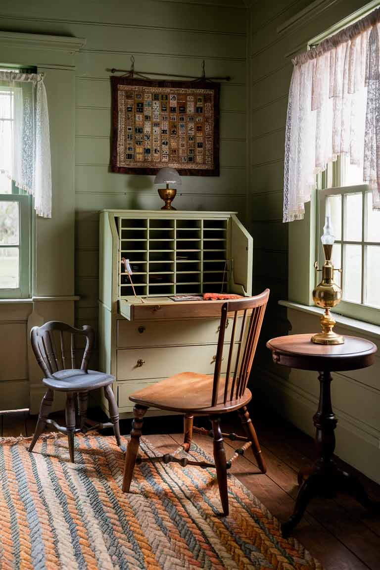 A small colonial parlor with a compact secretary desk against one wall, its slant-front open to reveal cubbies and drawers. A Queen Anne chair sits in front of the desk. On the opposite wall, a small spindle chair sits next to a round side table with a brass oil lamp. The walls are painted a soft sage green, and a braided rug in complementary colors covers the wooden floor. A window with lace curtains lets in natural light, and a sampler hangs on the wall above the desk.