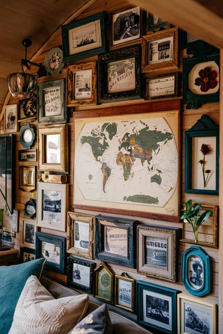 A tiny house living room wall featuring a gallery of mismatched antique frames. The frames contain a mix of vintage postcards, black and white photos, and pressed botanical specimens. A larger vintage map of the world serves as a central focal point.