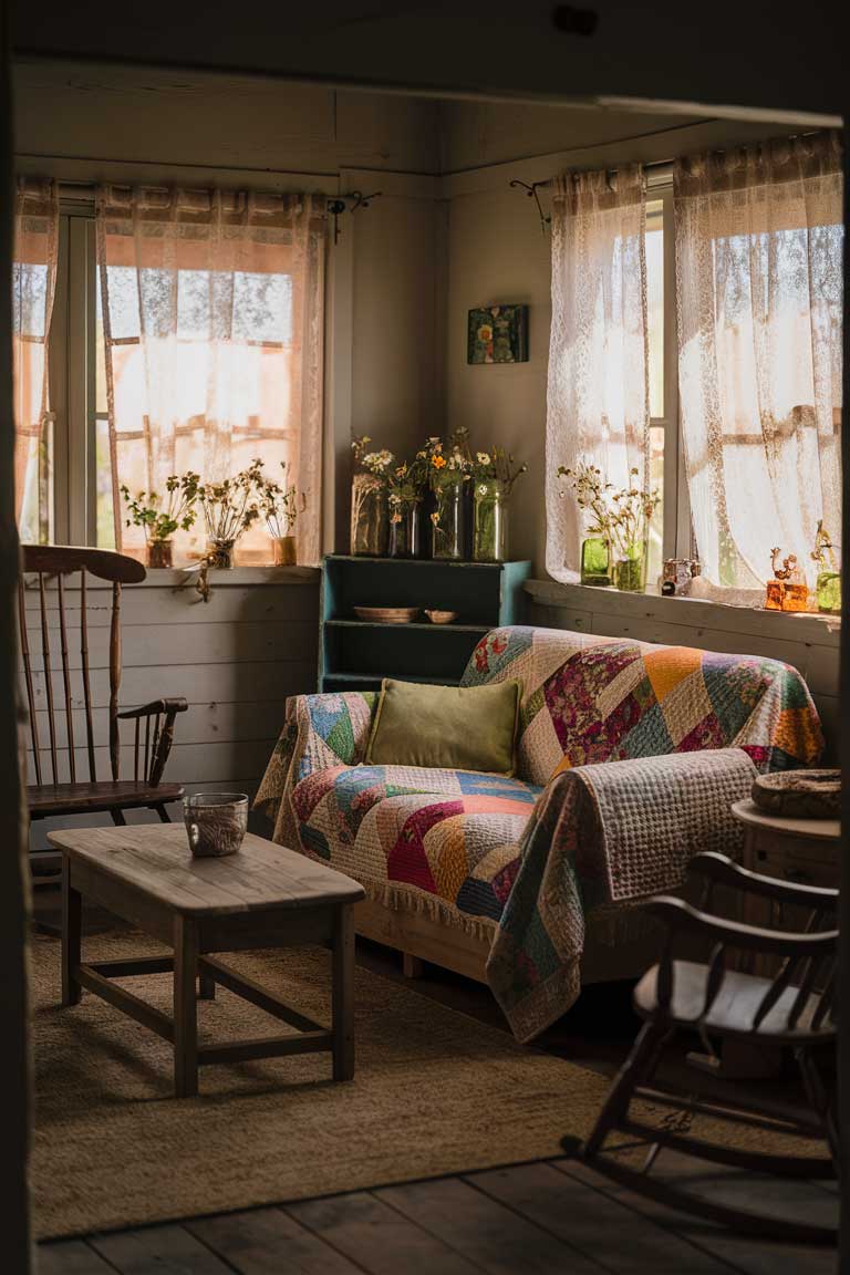 A romantic prairie-style tiny living room. The room features a floral chintz sofa with a patchwork quilt draped over it, and a small rustic wood coffee table. Include vintage lace curtains on the windows and a wooden rocking chair in one corner. It displays a collection of antique mason jars filled with wildflower.