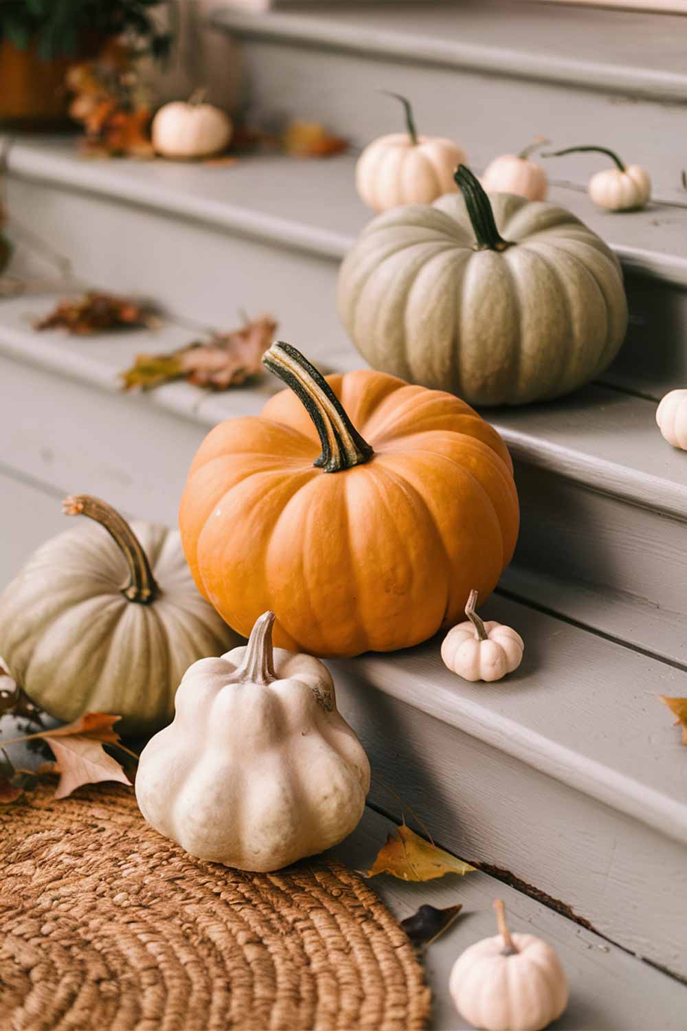 A close-up of a porch step with a carefully arranged stack of three Cinderella pumpkins in pale orange and green hues. A few mini white pumpkins are artfully placed around the base, with a single, uniquely shaped heirloom gourd as a focal point.