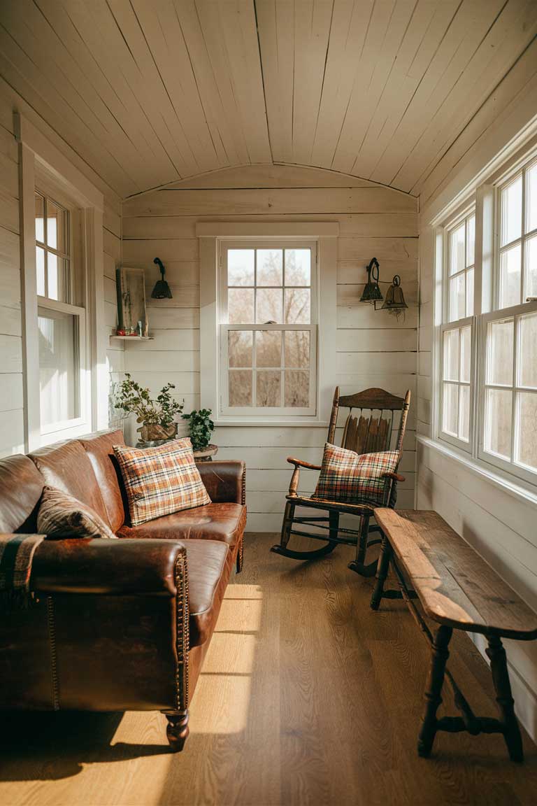 A rustic tiny living room featuring a distressed leather sofa with plaid throw pillows, a wooden rocking chair in the corner, and a vintage wooden bench under a window. The furniture is arranged to maximize space while maintaining a cozy, inviting atmosphere.