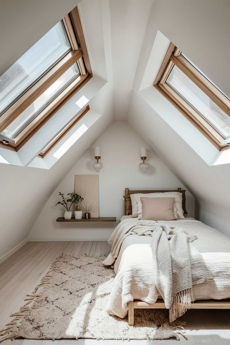 An attic bedroom with sloped ceilings featuring skylights. The room is painted entirely in white, with the angled ceilings and natural light creating interesting shadows and a sense of height.