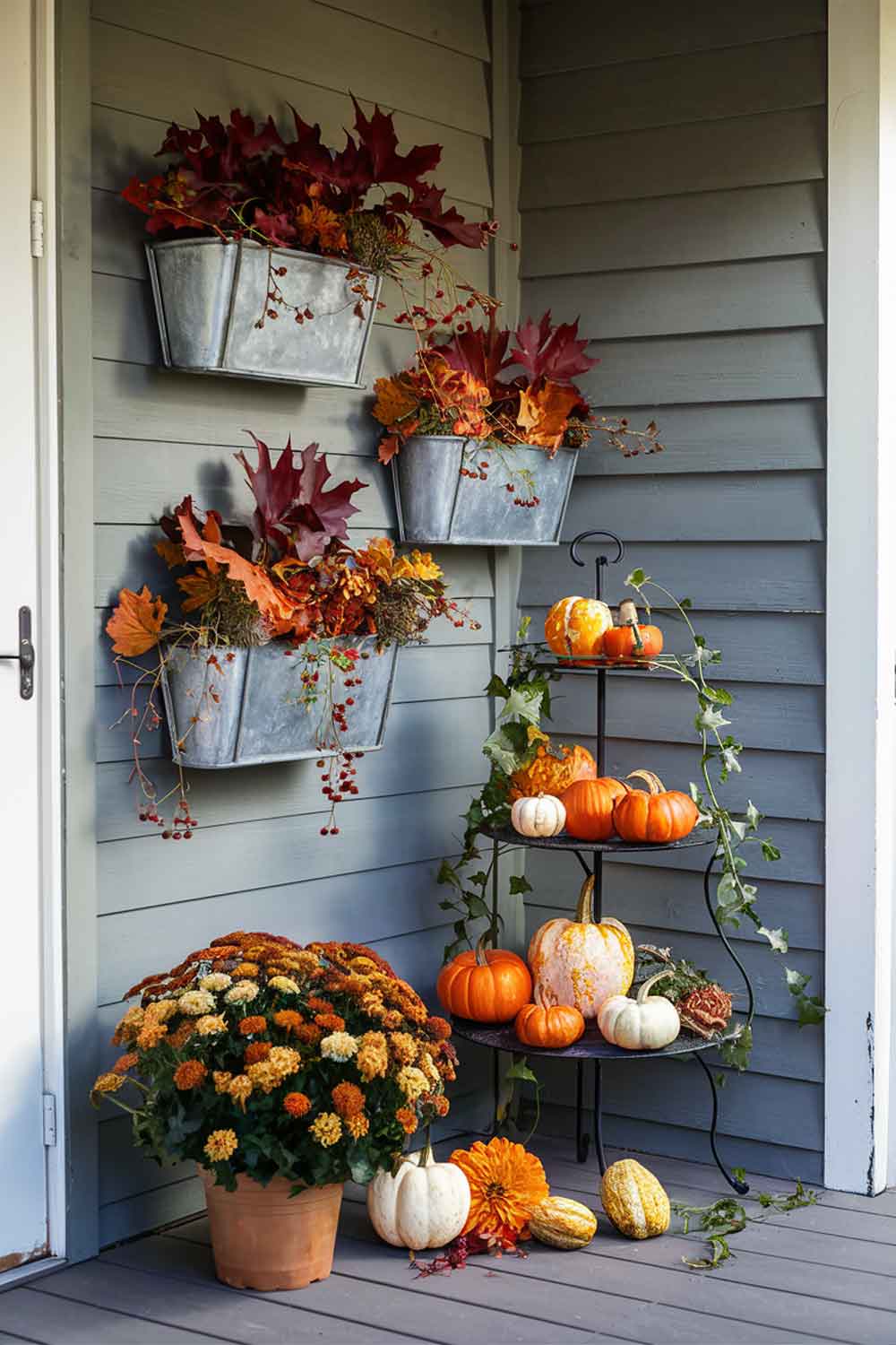 A small porch with a wooden wall featuring three wall-mounted metal planters in graduating sizes, filled with colorful fall foliage and trailing vines. A corner of the porch shows a slim, three-tiered plant stand holding small pumpkins, gourds, and a pot of chrysanthemums.