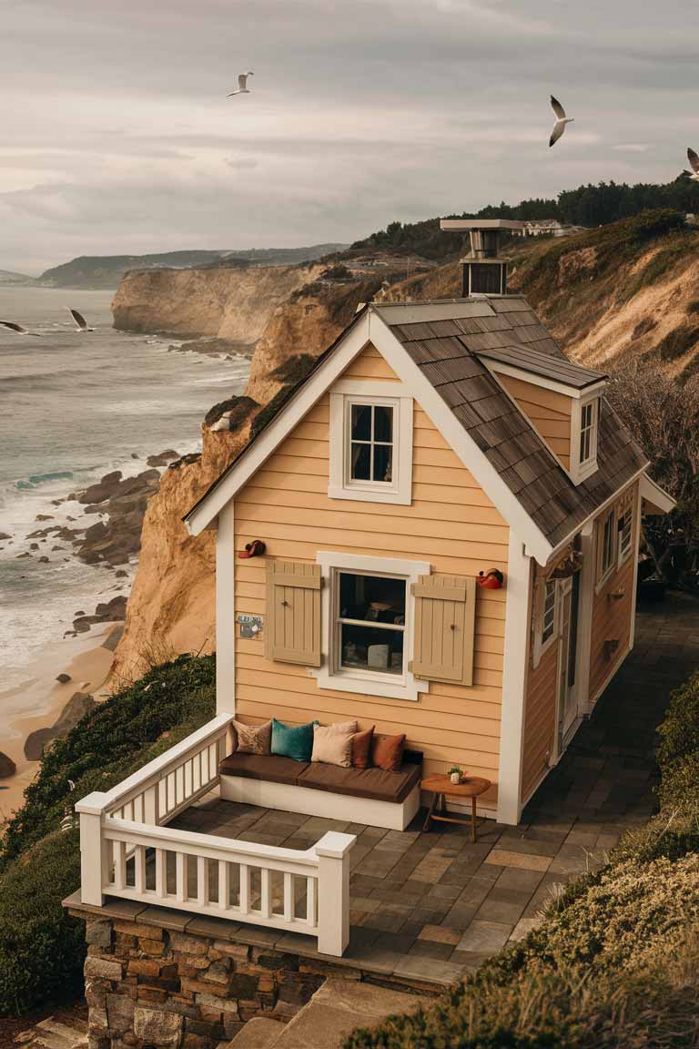 A tiny house exterior with a small patio area featuring a built-in wooden bench and a side table, offering a tranquil spot to enjoy the coastal surroundings.