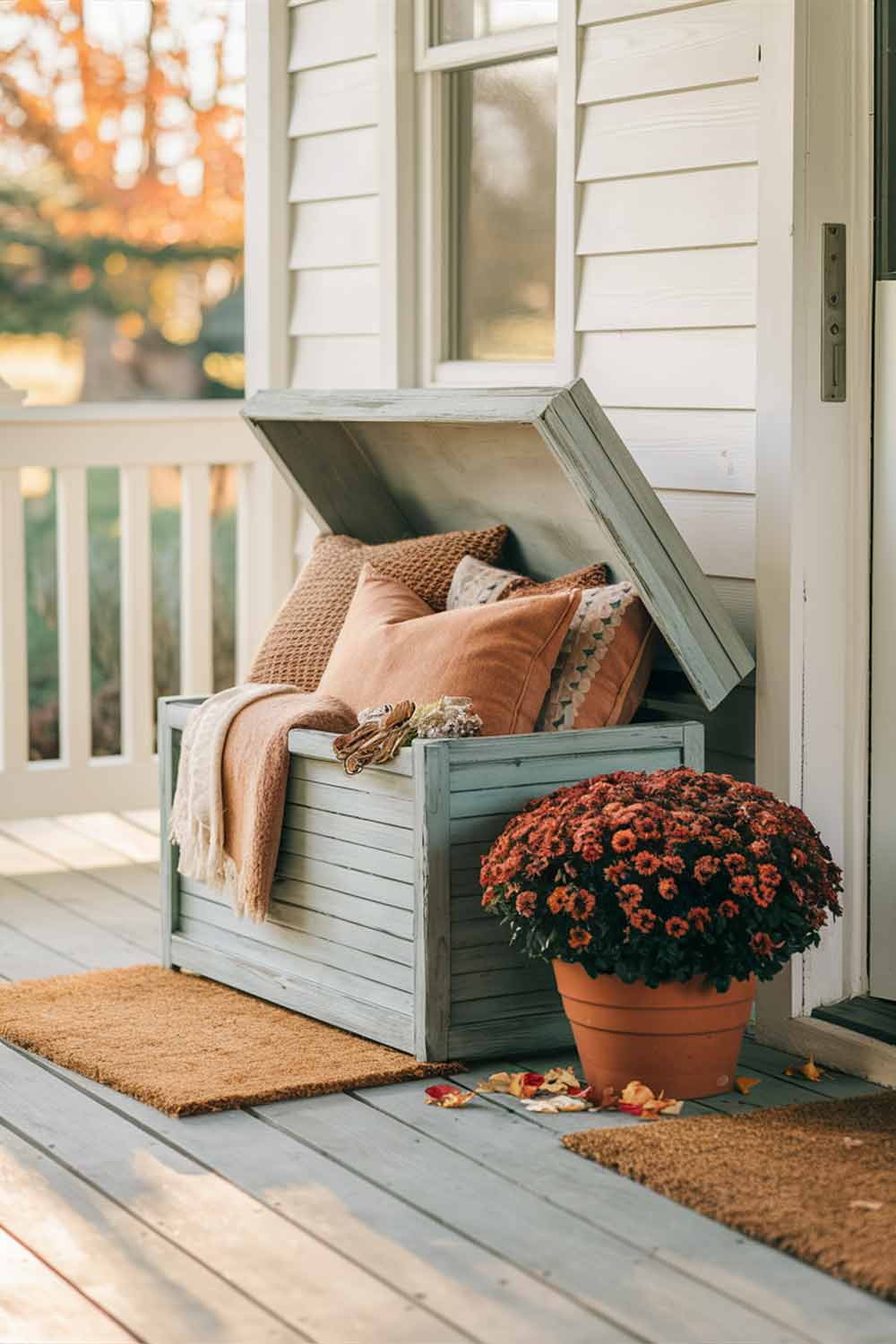 A clean, well-maintained minimalist porch with a small storage bench. The lid of the bench is slightly open, revealing neatly folded outdoor-rated throw pillows and blankets inside. Next to the bench, a healthy pot of mums shows signs of recent deadheading, with fresh blooms prominently displayed.