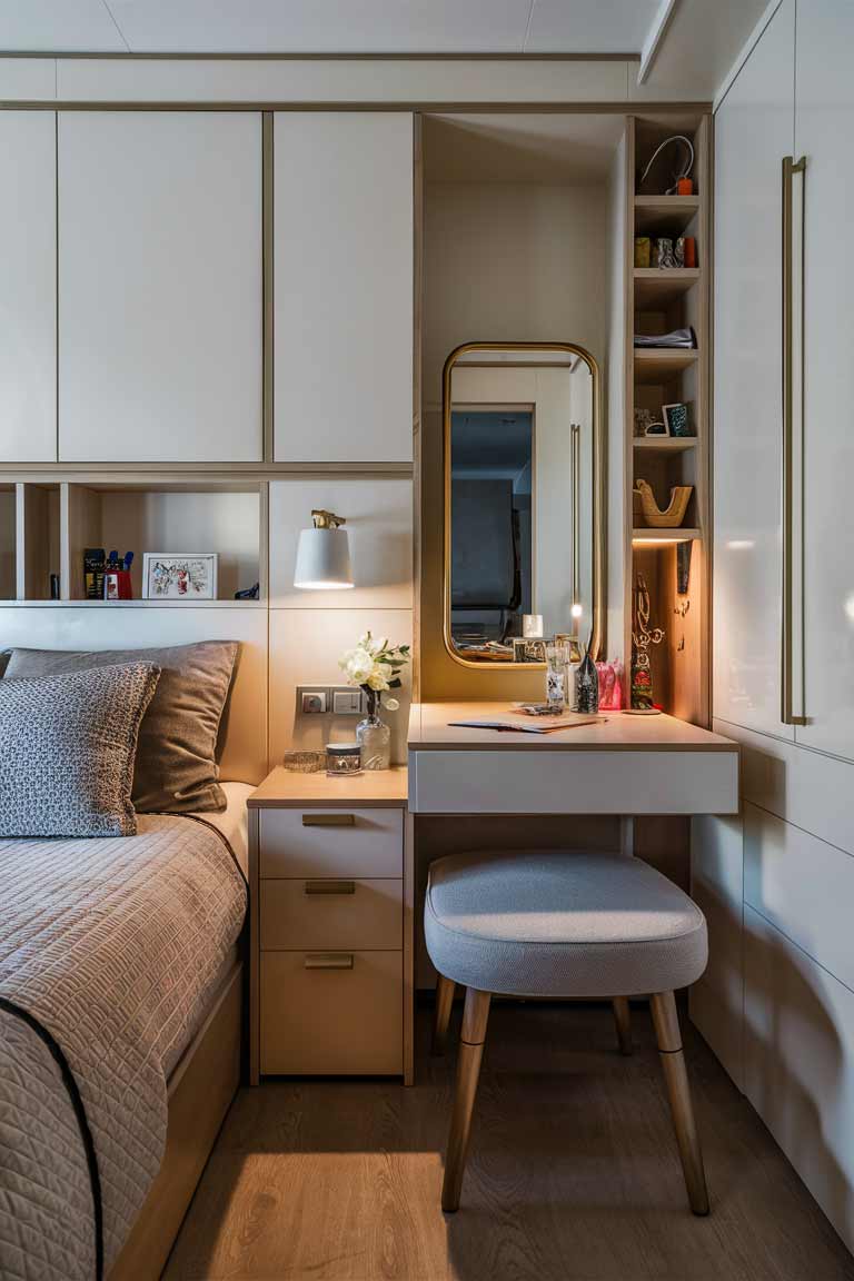 A tiny house bedroom showcasing dual-purpose furniture. The bedside table doubles as a compact workspace, with a portion that pulls out to reveal a small desk surface. The headboard of the bed features built-in shelving and a fold-down surface that can be used as a small table. A mirror on the wall swings open to reveal hidden jewelry storage. The furniture has a sleek, modern design that complements the compact space.