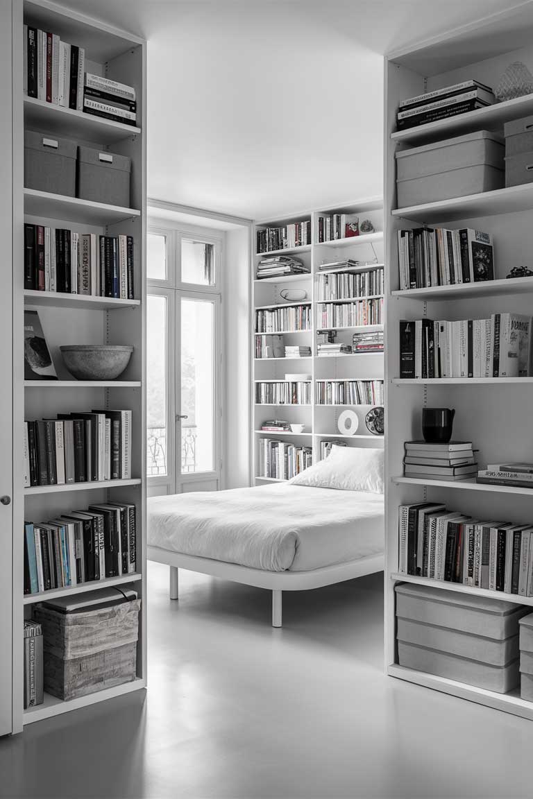 A small minimalist bedroom with floor-to-ceiling built-in shelving units in a wall in front of a window. The shelves hold a mix of books, decorative items, and storage boxes, while leaving the floor space clear except for a simple bed.