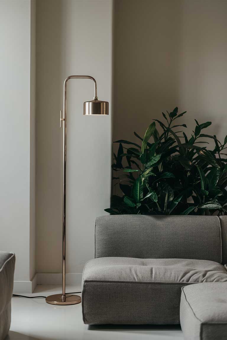 A minimalist living room with a slim, metallic floor lamp with a small, cylindrical shade. The lamp stands next to a white wall, a low, gray sectional sofa and a plant.