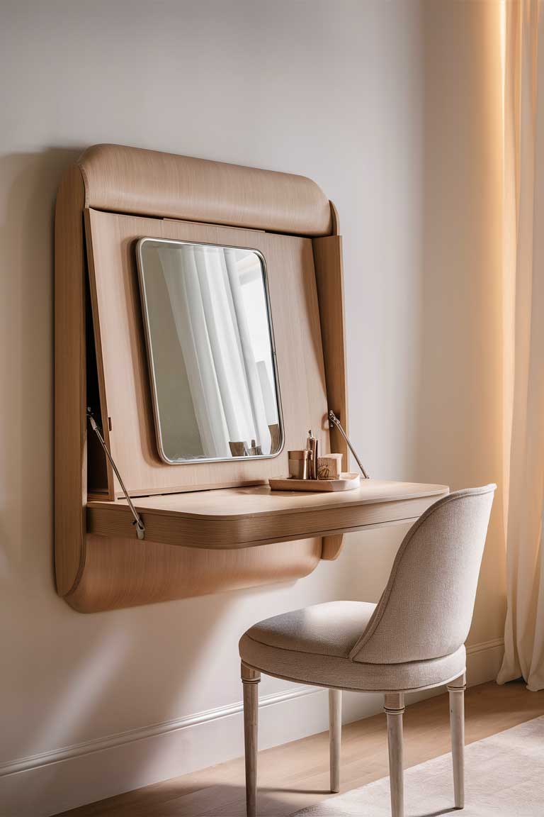 A wall-mounted desk in a light wood finish that's folded down to reveal a mirror and small shelf, perfect for use as a vanity. The chair is tucked neatly underneath when not in use.