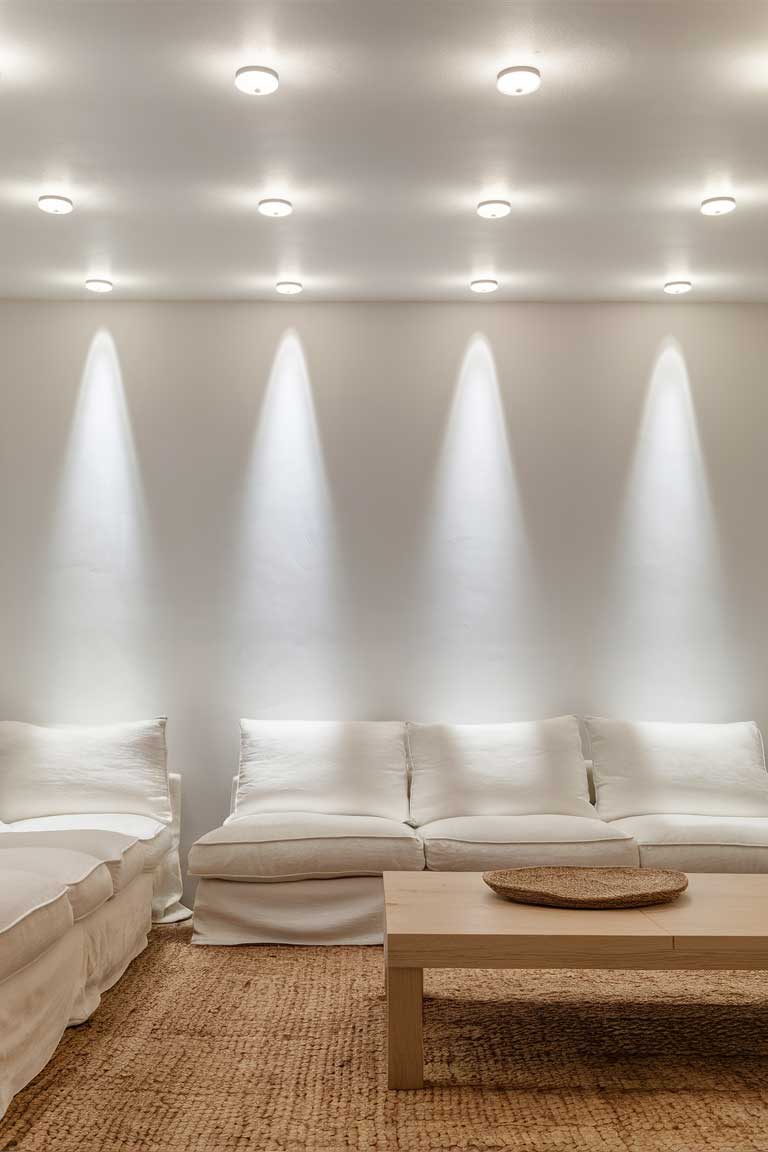 A clean, all-white minimalist living room with evenly spaced recessed ceiling lights. The lights cast a soft glow, highlighting the natural textures of a woven jute rug and a light oak coffee table.