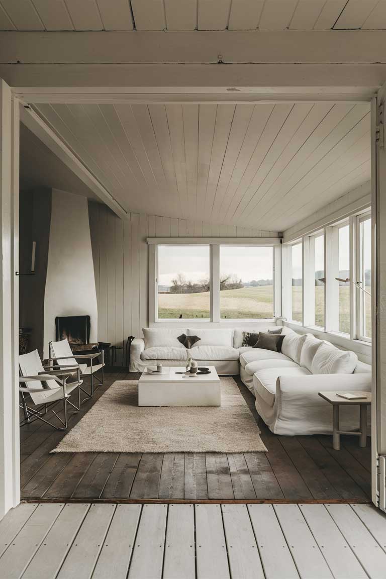 A farmhouse living room in a minimalist style. The room features white walls, a wooden floor, and an open-concept layout. The furniture is modern and minimalistic, with a large white sofa, a few small chairs, and a low coffee table. A small fireplace is in one corner, and large windows showcase the beautiful countryside view. The overall atmosphere is peaceful and serene, with a touch of rustic charm.