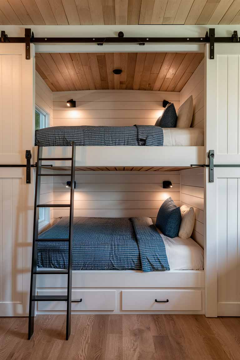 A clever bunk bed setup in a tiny house bedroom. Two beds are built into a wall, with the top bunk accessible by a sleek ladder. The bottom bunk has drawers underneath for storage. Sliding barn doors can close off each bunk for privacy. The beds are dressed in coordinating blue and white linens, and small reading lights are installed next to each bed.