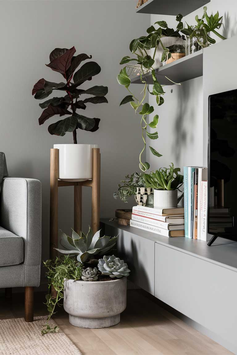 A close-up of a beautifully arranged plant corner in a gray minimalist living room. A tall wooden plant stand holds a medium-sized Fiddle Leaf Fig, while a lower concrete planter houses a collection of succulents. On a nearby floating shelf, small potted plants are artfully arranged among books and minimalist decor items. A trailing Pothos plant cascades down from the top shelf, adding a soft, organic touch to the clean lines of the furniture.