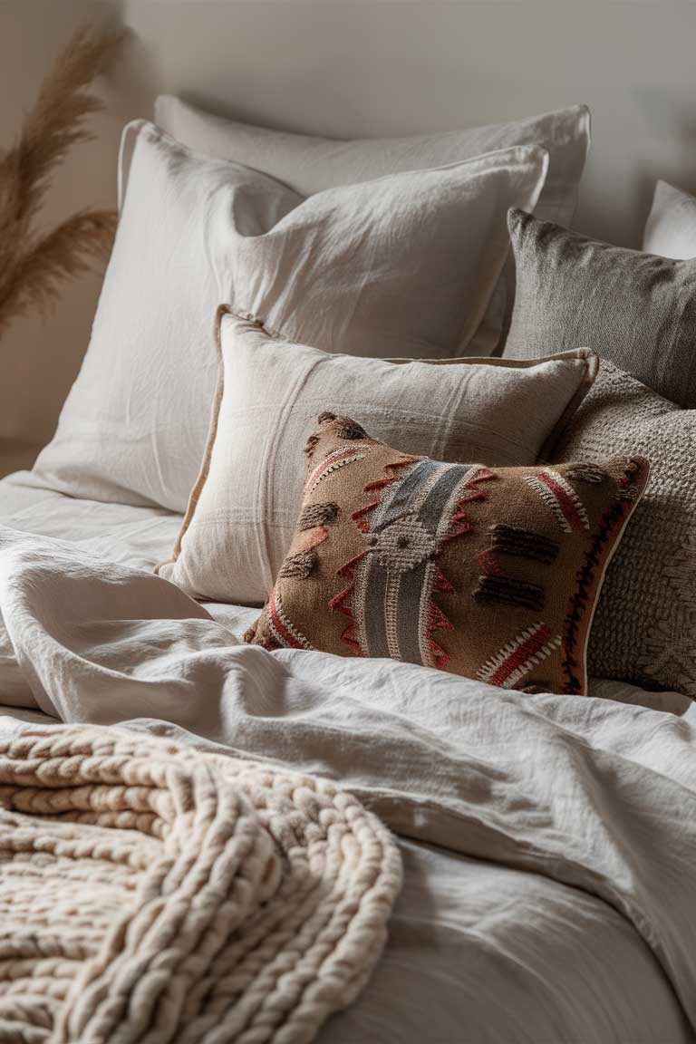 A close-up of a beautifully layered bed. The base layer is smooth white cotton sheets, topped with a linen duvet cover in a soft beige. A chunky knit throw in cream is draped across the foot of the bed. Pillows in various textures - smooth cotton, nubby linen, and a single kilim-style cushion - complete the layered look.