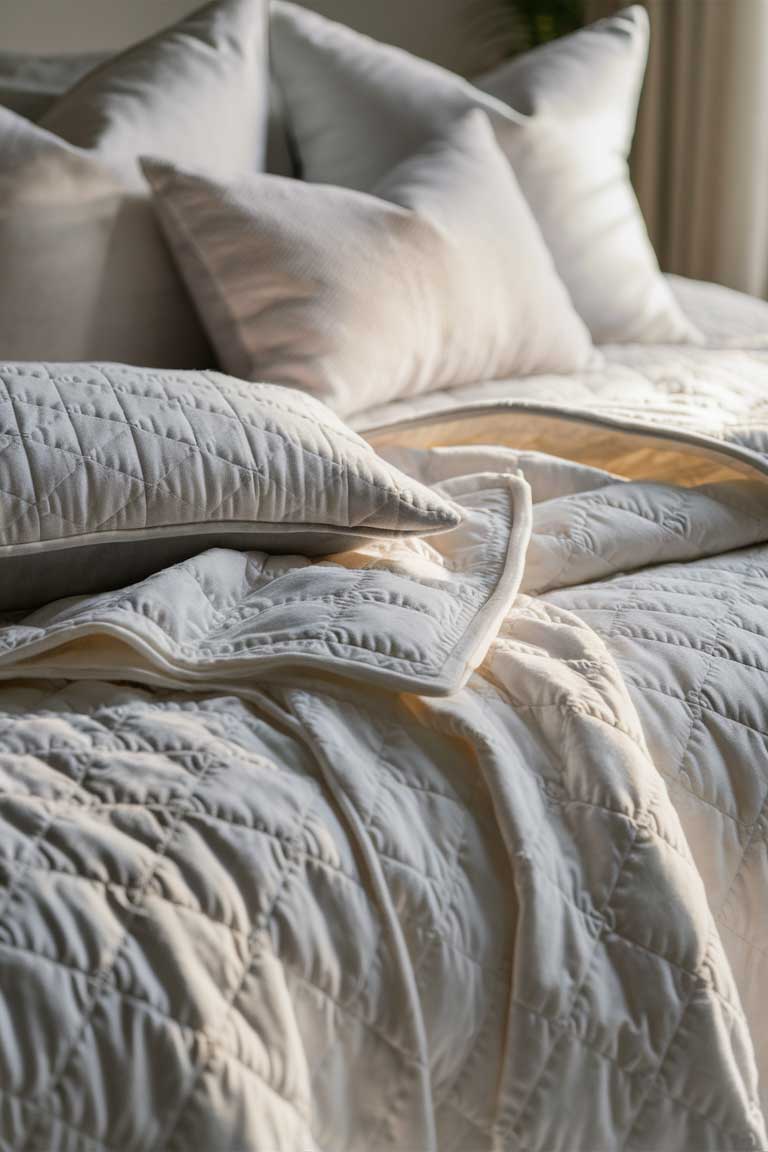 A close-up of a bed covered with a white quilted coverlet. The geometric quilting pattern adds texture and visual interest while maintaining the minimalist color scheme.