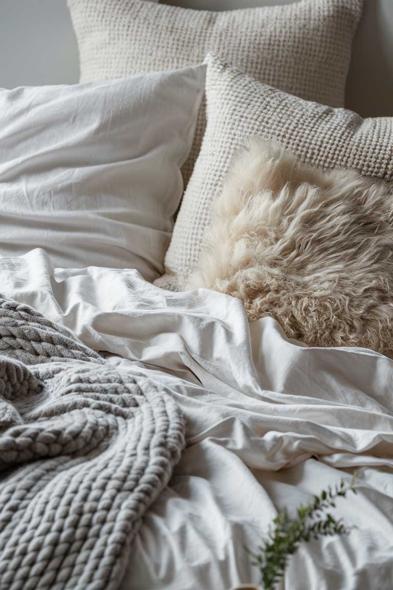 A close-up of a bed with crisp white cotton sheets, a chunky knit throw in a soft grey, and a single faux fur pillow in cream. The variety of textures creates visual interest while maintaining a neutral color palette.