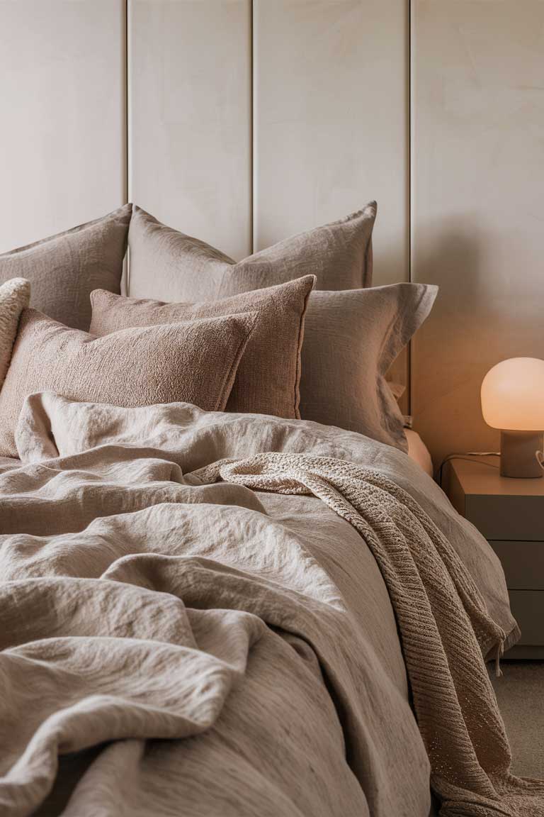 A close-up of a bed with high-quality linen bedding in a soft oatmeal color. The slightly rumpled texture of the linen adds visual interest and a lived-in coziness to the otherwise simple bed.