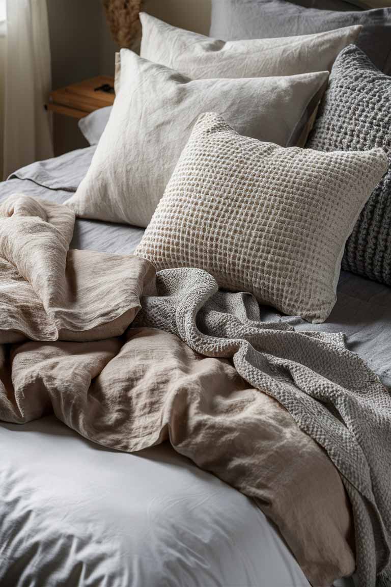 A close-up of a bed dressed in layers of textured bedding. The base is a crisp white sheet, topped with a rumpled linen duvet in soft beige. Several pillows in varying shades of cream and gray, each with a different texture - linen, waffle weave, and knit - complete the layered look.