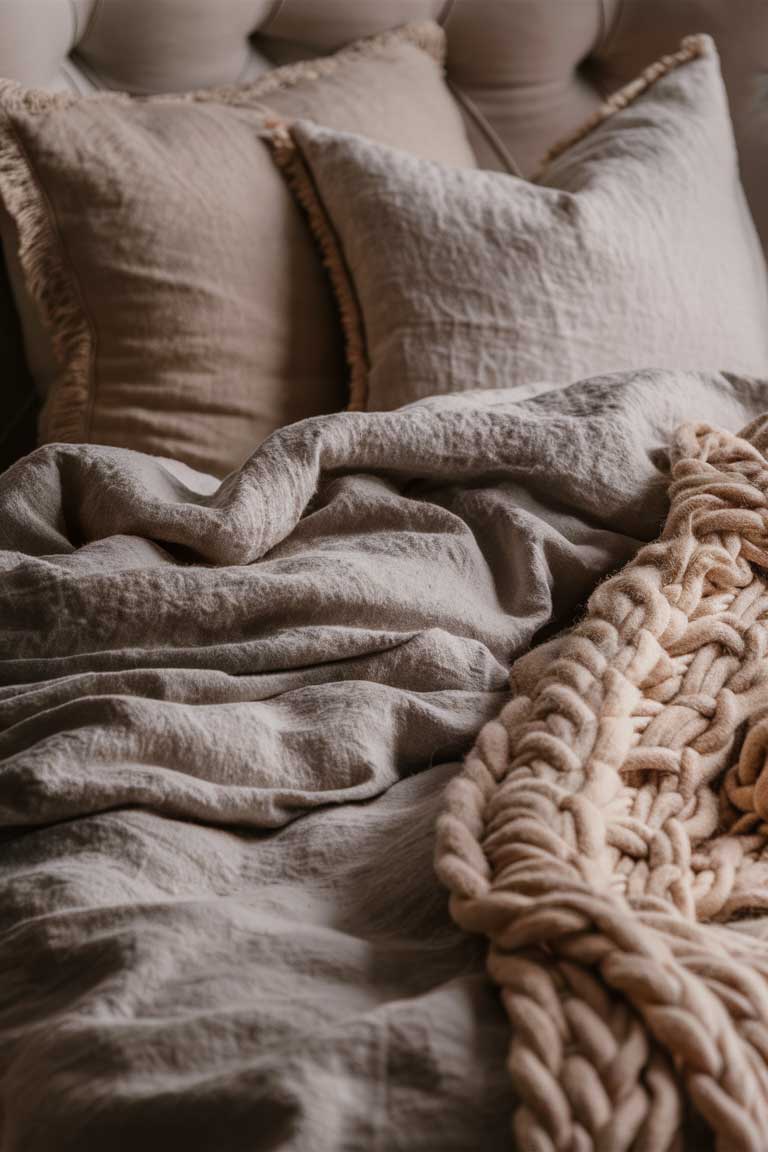 A close-up of a bed dressed in rumpled linen bedding in a soft beige color. A chunky knit throw in cream is draped over one corner, and a single linen pillow in a slightly darker shade sits against the headboard. The textures are visible and inviting.