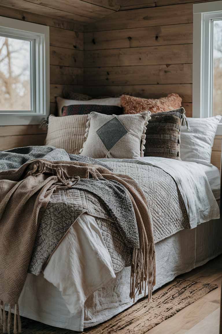 A close-up of a bed in a tiny house, showcasing layers of bedding. The base is white linen sheets, topped with a patterned quilt. Several throws in different textures and patterns are artfully draped over the end of the bed. A collection of pillows in various sizes, shapes, and patterns completes the layered, boho look.