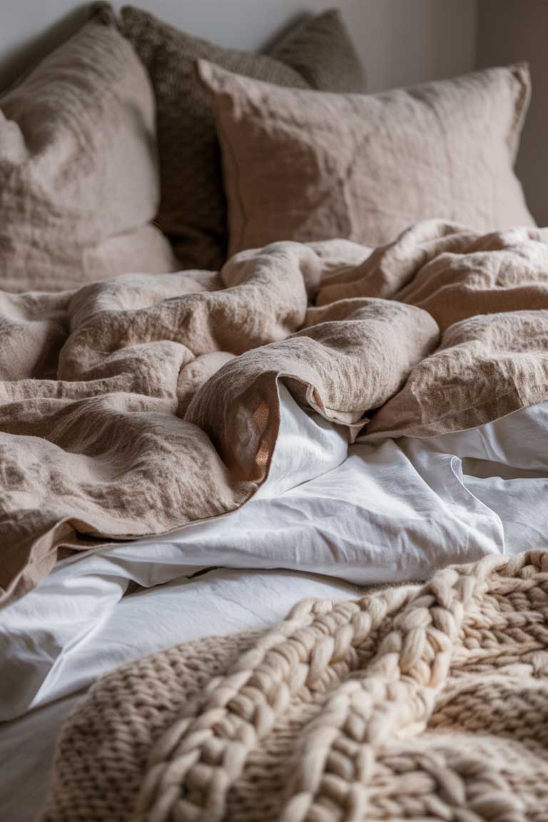 A close-up of a bed with a cozy and inviting atmosphere. The rumpled linen sheets in a soft oatmeal color have a relaxed, lived-in look. The duvet is pulled back slightly, revealing crisp white cotton sheets underneath, which contrast gently with the textured linen. At the foot of the bed, a chunky knit wool throw in cream is casually draped, adding warmth and a touch of rustic charm. Soft, ambient lighting highlights the natural fibers of the sheets and throw, creating a soothing and intimate setting. A few plush, decorative pillows in complementary neutral tones are propped up against the headboard, enhancing the cozy feel.