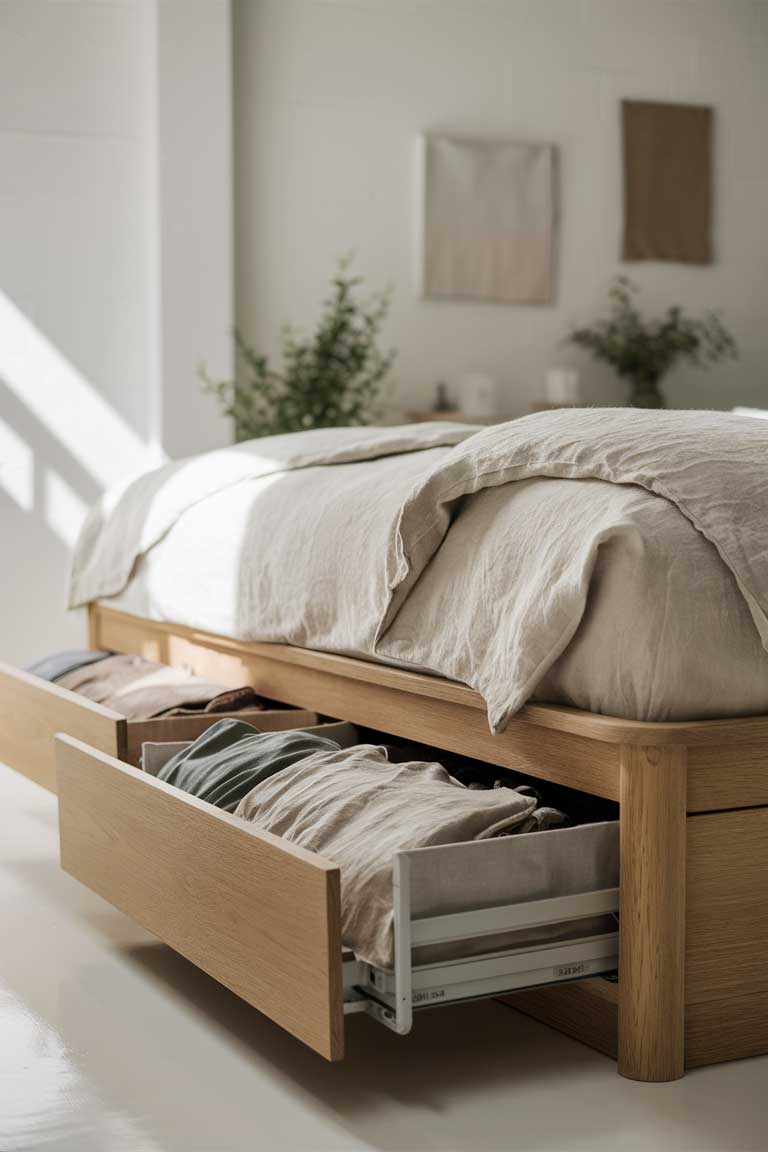 A close-up of a bed with built-in drawers being pulled out, revealing neatly organized clothes inside. The bed frame is a light wood color, complementing the white walls and bedding.