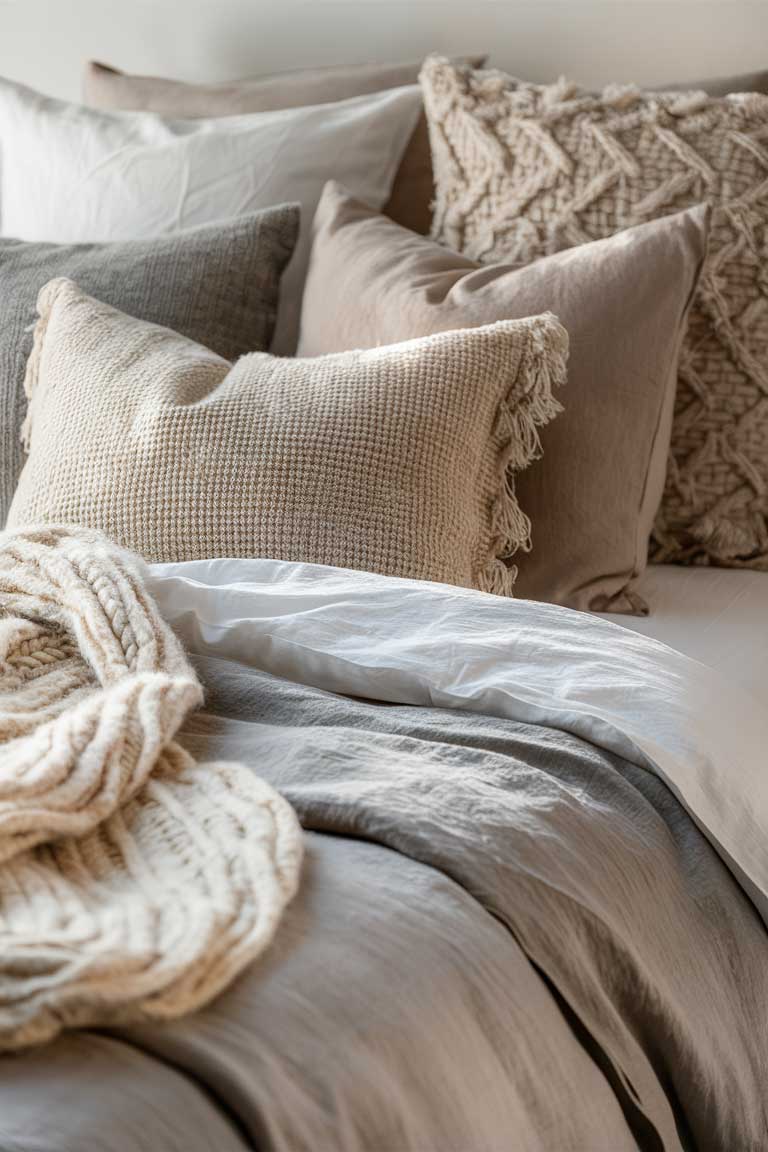 A close-up of a bed dressed in layers of neutral bedding. The base is a crisp white sheet, topped with a light gray linen duvet. A chunky knit throw in cream is draped across the foot of the bed, and pillows in varying shades of beige and gray create a layered, inviting look. The variety of textures adds interest while maintaining a cohesive color palette.