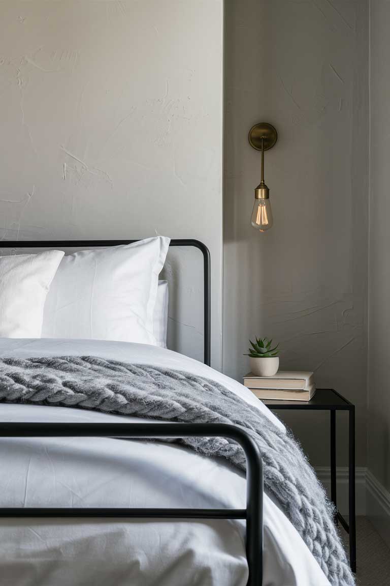 A close-up of a bedroom wall painted in a soft, matte grey color, with a sleek black metal bed frame visible in the foreground. The bedding is crisp white, creating a stark contrast against the grey wall.