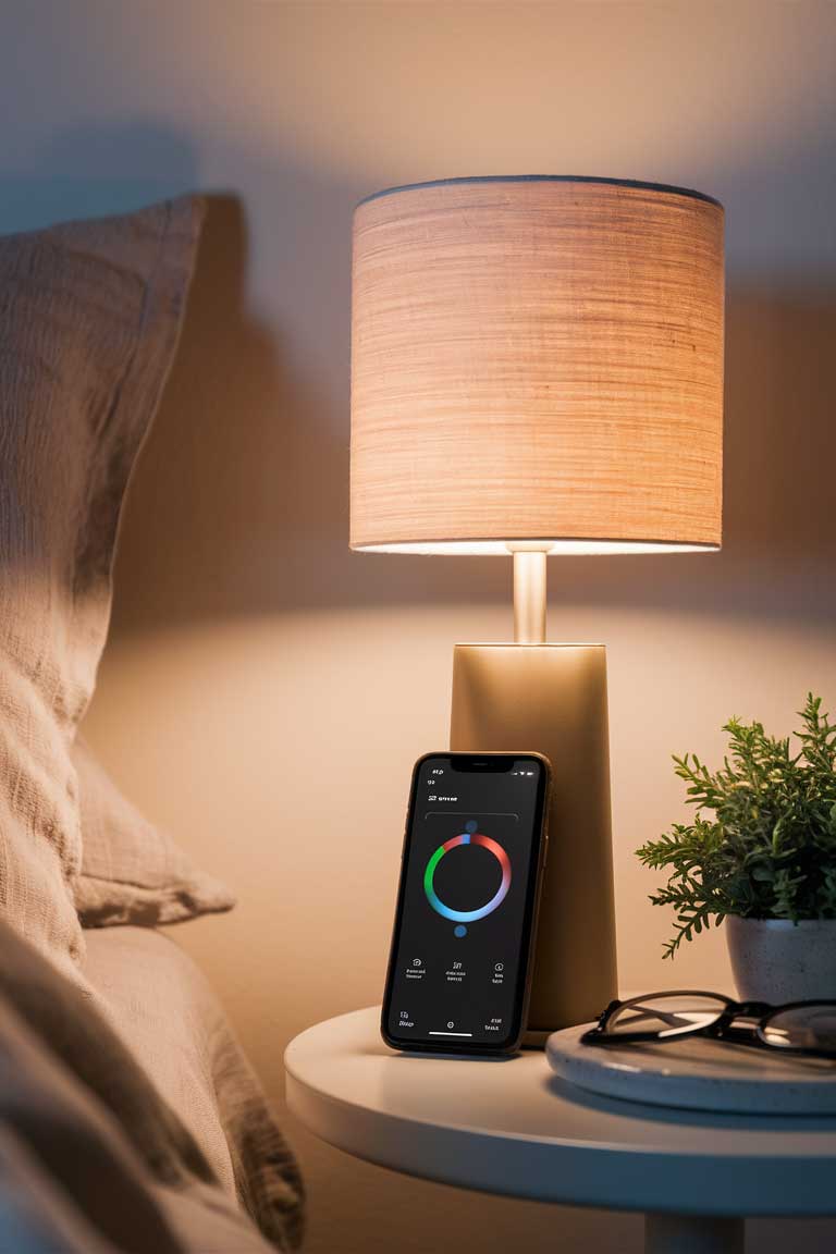 A close-up of a bedside lamp with a simple, cylindrical shade. Next to it is a smartphone displaying a lighting control app, suggesting the ability to adjust the light's brightness and color temperature. The lamp's warm glow creates a cozy atmosphere in the otherwise minimalist space.