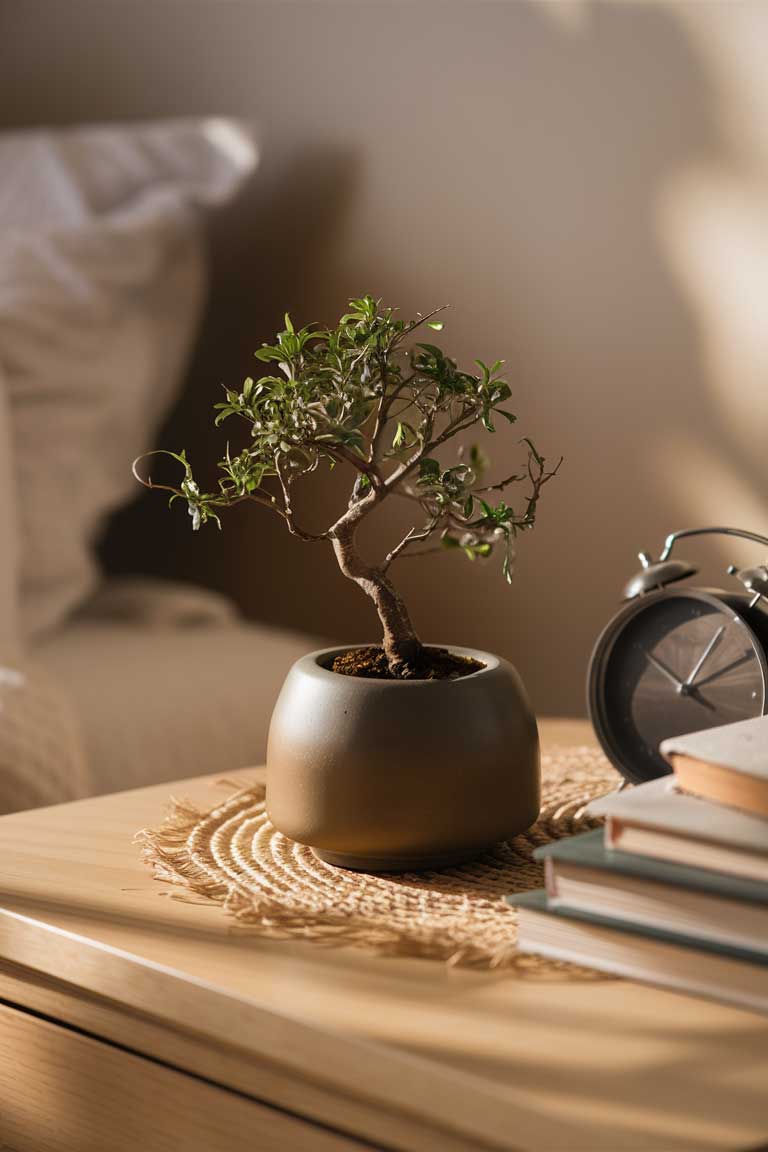 A close-up of a bedside table with a small, perfectly manicured bonsai tree in a simple, earth-toned ceramic pot. Next to it sits a minimalist alarm clock and a small stack of books with neutral-colored spines.