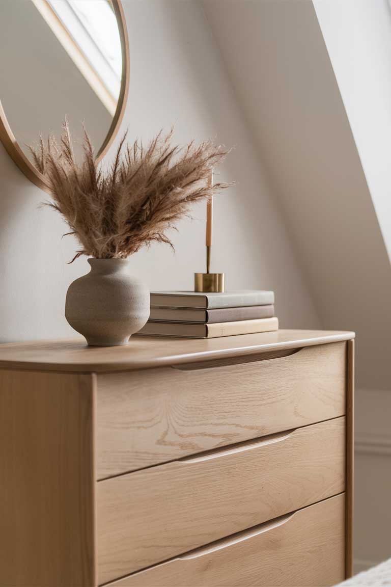 A close-up of a bedroom corner featuring a light wooden dresser with clean lines. On top sits a ceramic vase with dried pampas grass, and beside it hangs a minimalist round mirror with a thin wooden frame. The wall behind is a soft, warm white color.