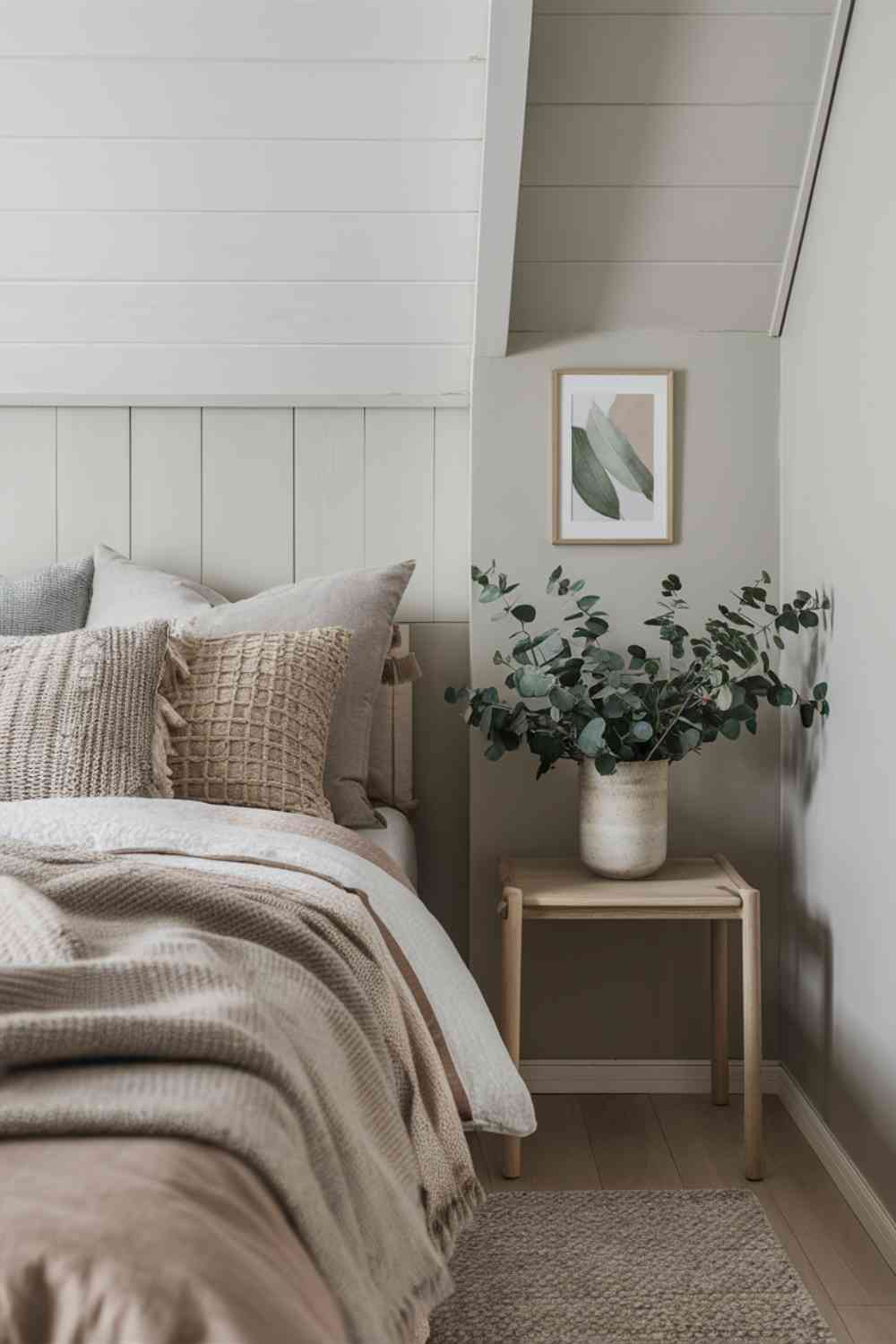 A close-up of a Scandinavian minimalist bedroom corner showcasing a neutral color palette. The walls are a soft white, with a light gray accent wall. The bedding is in various shades of beige and light gray, creating a layered look. A small artwork in muted tones hangs on the wall, adding a subtle pop of color.