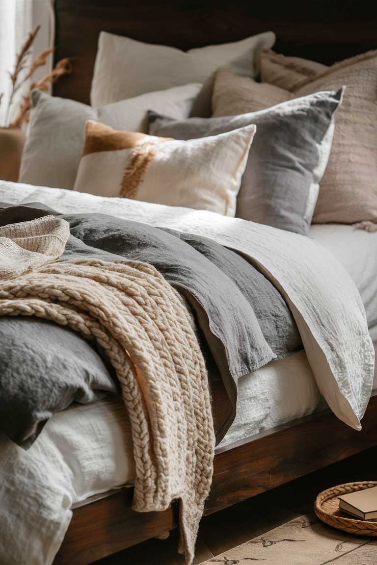 A close-up of a bed dressed in layers of neutral textiles. The base is a crisp white sheet, topped with a soft gray linen duvet. A chunky knit throw in cream drapes over the foot of the bed. Several pillows in varying shades of white, gray, and beige complete the look.