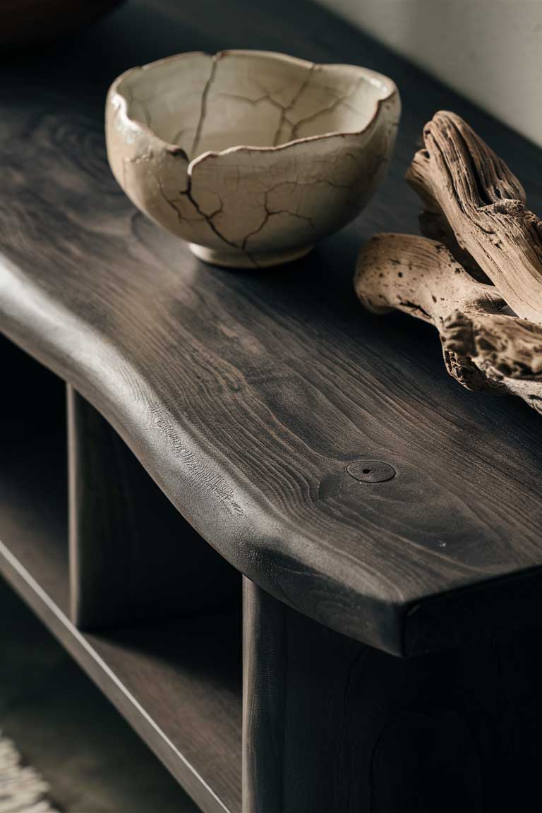 A close-up of a dark wood console table featuring wabi-sabi elements. On the table, there's a handmade ceramic bowl with an irregular shape and subtle cracks in its glaze. Next to it, a piece of driftwood with a weathered patina adds natural texture.