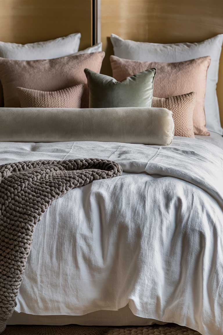 A wide shot of a japandi bedroom showing the balance between different elements. A simple platform bed with clean lines is softened by organic-shaped ceramic vases and a round woven rug. The color palette is neutral with subtle pops of muted colors in the textiles.