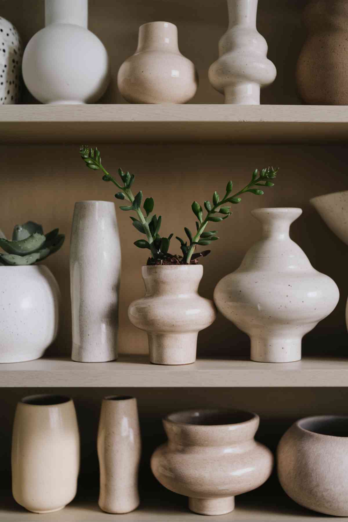 A close-up of a Japandi-style shelf displaying a collection of ceramic vases and planters in various neutral tones and organic shapes. It includes two small plants in some of the planters.