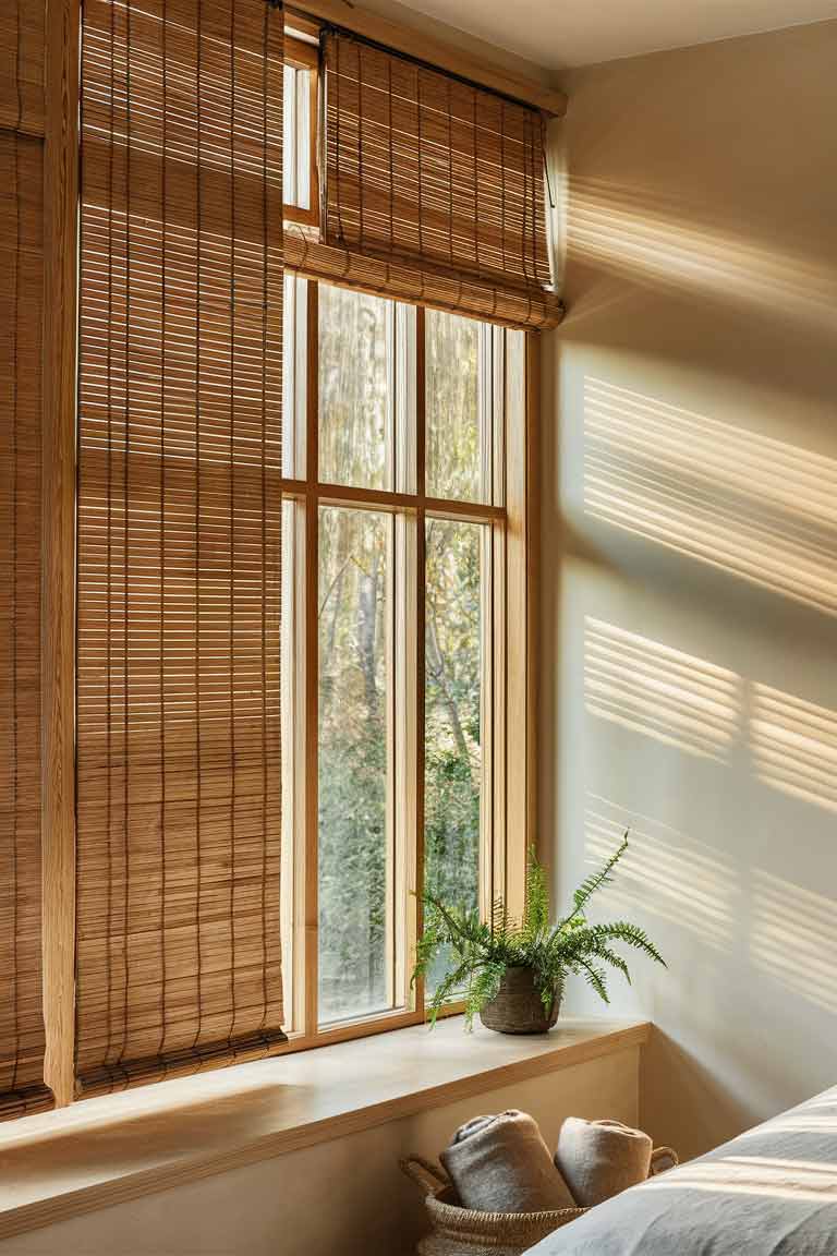 A close-up of a window dressed with bamboo blinds. The blinds are partially lowered, allowing soft, dappled light to enter the room. The warm tone of the bamboo complements the pale walls and creates a serene atmosphere in the bedroom.