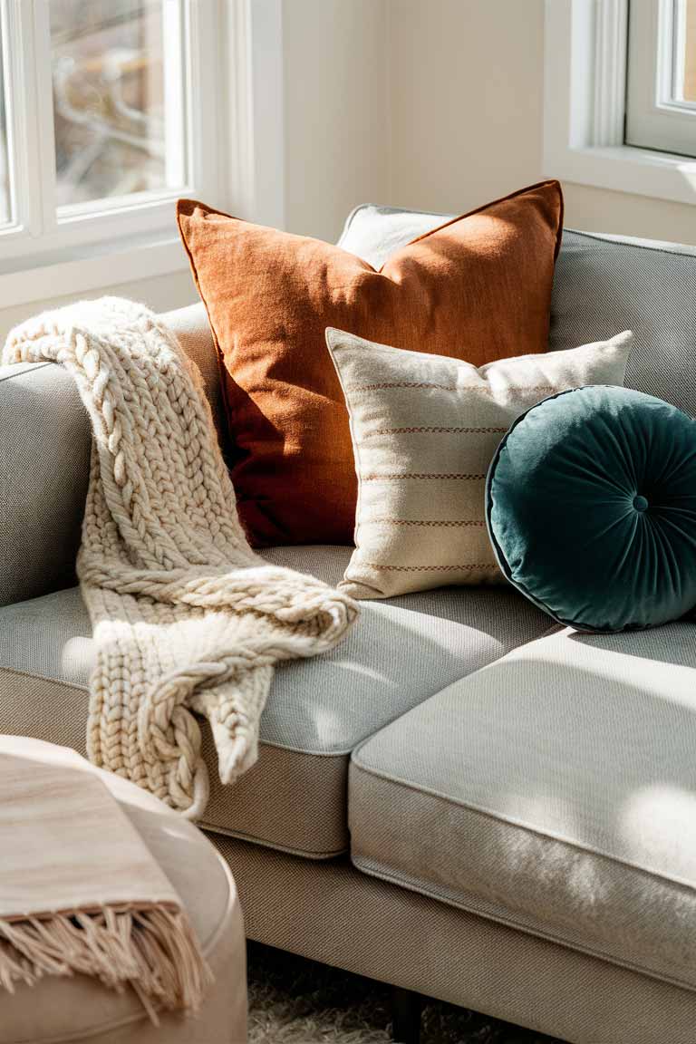 A close-up of a light gray sofa in a sun-drenched corner. A chunky knit throw in cream drapes casually over one arm. An assortment of pillows in various sizes and textures adorn the sofa - a large lumbar pillow in rust-colored linen, a pair of smaller pillows with subtle geometric patterns in muted tones, and a round velvet pillow in deep teal. A soft, fringed throw in a pale blush tone is folded neatly on the ottoman nearby.